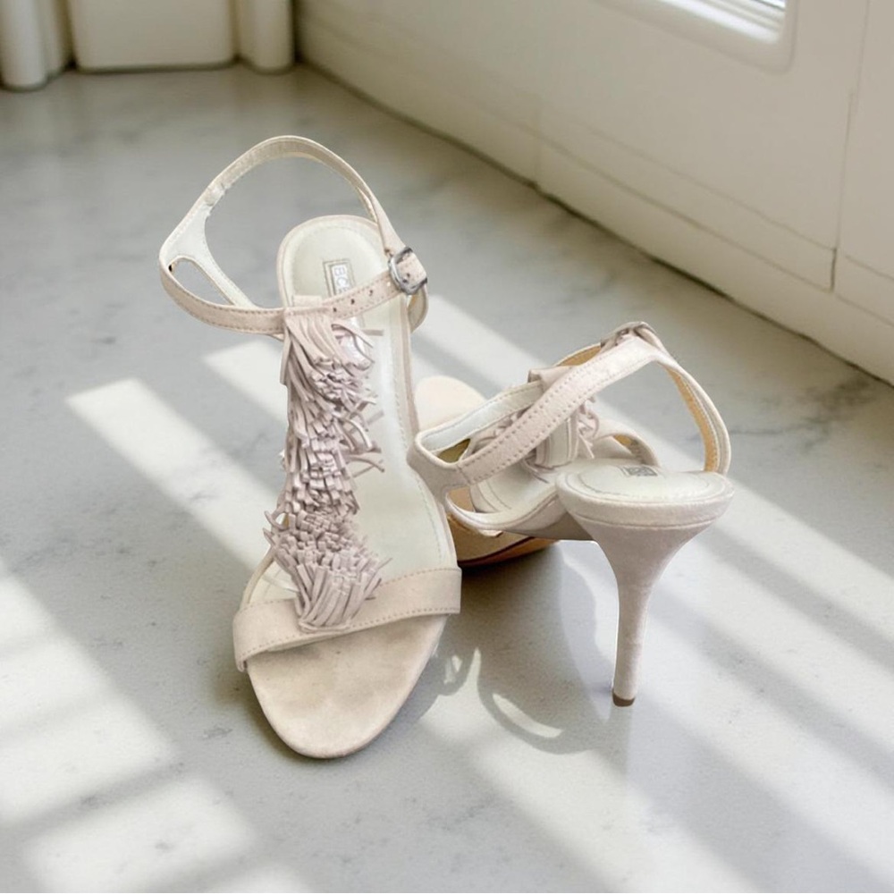 Leather Fringe Ankle Strap Dressy Fun Beige High Heels